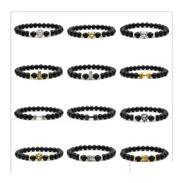 Beaded 18 Styles Buddha 8Mm Birght Black Stone Beads Bracelet Vintage Sier Gold Lion Leopard Dumbbell Skl Charms Stretch Jewelry Dro Dhgfp