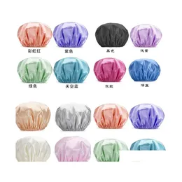 Shower Caps Thick Shower Satin Hats Bath Caps Hair Er Double Waterproof Pure Color Kitchen 5700 Q2 Drop Delivery Home Garden Bathroo Dhdmu