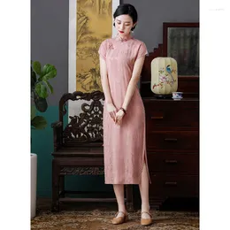 Roupas étnicas verão retro rosa longa cheongsam para mulheres elegantes vestido de colarinho de colarinho de estilo chinês qipao vestidos formais