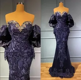 Marineblaue Abendkleider, schulterfrei, lange Ärmel, Spitze, Perlen, Meerjungfrau, Übergröße, Falten, aso ebi afircan Abendkleid