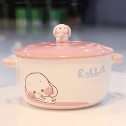 Bowls Cartoon Creative Instant Noodles With Lid Ceramic Cute student Job Soup 221203