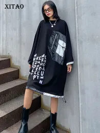 Party Dresses Xitao Patchwork Letter Pocket Dress Women Autumn Casual Fashion Style Temperament O Neck Full Sleeve Loose Dress ZP3270 221203