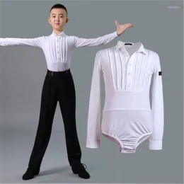 Bühnenkleidung Kinder Latin Dance Wettbewerb Kleidung Jungen Langarm Weiß National Standard Modern Top Ballsaal Einteilige Hemden