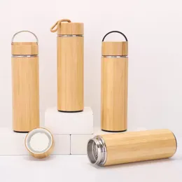 Garrafas de água Bambu natural Aço inoxidável Liner térmicos Bamase de água de água Vacuum Balques de bambu isolados para beber chá P1206