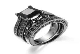 Women Rings Big Black Blue Stone Fashion Wedding Ring Set Engagement Promise Bague Femme Europe Fashion Twoinone Rings8980513