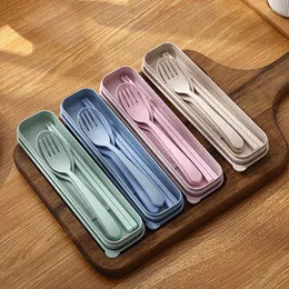 Dinnerware Sets Travel Cutlery Portable Box Japan Style Wheat Straw Chopsticks Fork Spoon Student Adult Set Kitchen Tableware