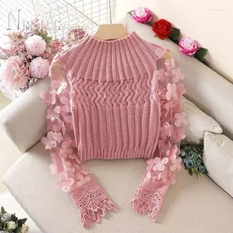 Camisolas femininas 2022 Flor Puff Sleeve Women Sweater Slim Short Style Patchwork Roul Roult Knitting fêmea feminina