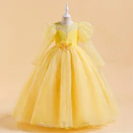 Girl Dresses Teenagers Long Sleeves Yellow Princess Tutu Elegant Prom Gown Children Bridesmaid Formal Clothes