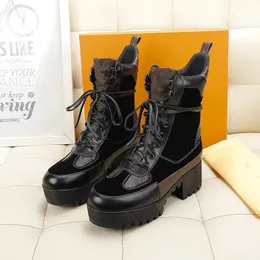 Новые модные ботинки роскошные дизайнер Martin Boots High Hel Cowhide Cowhide шнурок для обуви печати с толстым единственным круглы