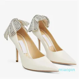 Elegant Bridals Wedding Love Sandals Shoes Women Latte Nappa Pumps with Pearl and Crystal-embellished Bow Point toe Stiletto Heel EU35-43 Original