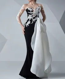 Schwarzer Meerjungfrau formelles Abendkleid 2023 Illusion O-Neck Long Sleeve Spitzen Applikationen Satin Frauen Prom Partykleider Robe de Soiree