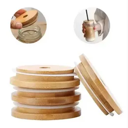 Bamboo Cap Lids 70mm 86mm Reusable Wooden Mason Jar Lid with Straw Hole and Silicone Seal Boutique P1206