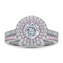 Acessórios de casamento de prata pura anéis de noivado 2 pçs/set fadeless casal rosa diamantes anel birdal proposta anel sem desbotamento jóias femininas hr11001