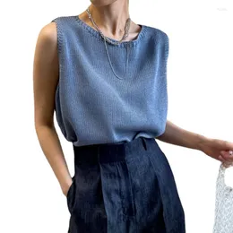 Kvinnors blusar 2022 Korean Chic Retro Summer Blue Vest Women Kläder ärmlös O Neck stickad skjorta Casual Loose Woman Tops Woman