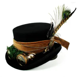 Berets 15cm top hat wełna kobiety mężczyźni fedora magik steampunk z ręcznie robionymi okularami sprzętowymi cosplay punk imprezowy