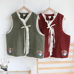 Gilet da donna Autunno Inverno Donna Tutto-fiammifero Mori Kei Fiore Ricamo Pizzo Polka Dots Allentato Confortevole Canotta senza maniche in lino di cotone