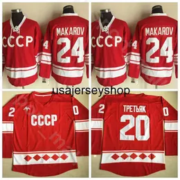 Hockey Jersey CCCP 1980 Ryssland Ice 24 Sergei Makarov 20 Vladislav Tretiak Red White All Stitched Home for Sport Fans