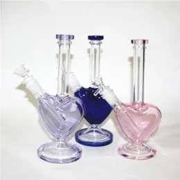 Narghilè a forma di cuore da 9 pollici Bong in vetro di colore viola rosa Pipa ad acqua Dab Oil Rigs con 14mm Fumo secco Herb Bowls cera per strumenti dabber