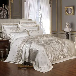 Zestawy pościeli Sliver Gold Luxury Silk Satin Jacquard Duvet Cover pościel Queen King Size Arkusz Haftowany Arkusz 221205