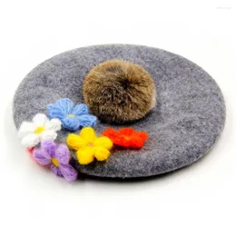 Berets 2022 Winter Warm Wool Women's Chapeu Fedora For Laday Artist Embroidery Cap With Handwork Flower Fur Ball Pom Poms Beret Hat 20