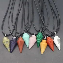 Natural Stone Multicolor Cone avsmalnande pendell Leather Rope Cord Necklace Healing Minerals Reiki Charms mode DIY smycken tillbehör