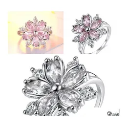 An￩is de casamento fofos feminino rosa cristal anel de casamento charme sier color thin casal an￩is para mulheres delicadas flores de zirc￣o de flores dhxst