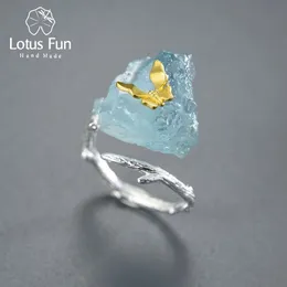 Solitaire Ring Lotus Fun Verstellbarer Aquamarine Big Gem Stones Schmetterlingsringe für Frauen Original 925 Sterling Silber Luxusschmuck Trend 221206