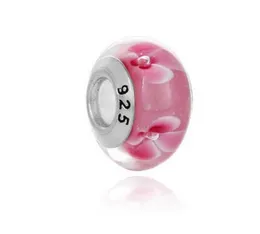 10 PC 925 Sterling Silver Pink Flower Murano L￡mpara de vidrio Beads Encanto Big Hole Beads para Pandora European Bracelet CLECLA1834570