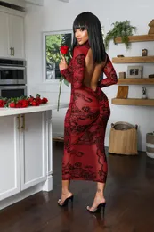 Lässige Kleider Sexy aushöhlen Perspektive dünnes Kleid Frau Party ein Schritt Mode Robe Langarm rückenfrei geraffte Hüfte Mesh Midi