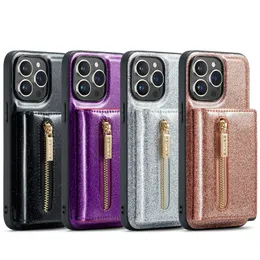 Socktät telefonfodral för iPhone 14 13 12 11 Pro Max 2in1 Magnetiska 3 -våtta plånbok Glitter Shiny Pu Leather Protective Case med kortplatser