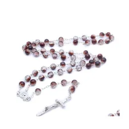 Pendant Necklaces Gravel Glass Beads Rosary Necklace Metal Cross Pendant Long For Men Women Religious Jewelry Drop Delivery Necklace Dhphx
