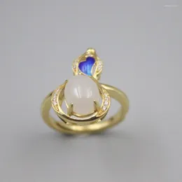 Klusterringar Pure 925 Sterling Silver Ring Width 20mm Nephrite Jade Bead Gold Color Gourd Form for Woman Us Storlek 6-10