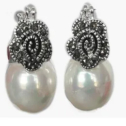 Fashion Jewelry Lady's 12mm White Shell Pearl Flower Marcasite 925 Silver Earrings