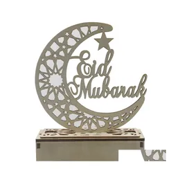 その他のお祝いのパーティー用品Eid Mubarak Ramadan Wooden Decor Hollow Moon Star Blessing Word Decoration for Happy Home Room Table DHC0Q