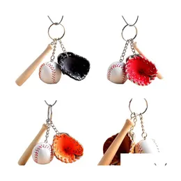 Party Favor Favor Creative KeyChain Cute Mini Keychains Sport Baseball Durable Key Ring Threepiece Bag Pendant Glove Wood Bat Chai Dhuxm