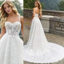 Sweetheart Spaghetti Straps Boho Wedding Dress Elegant Floral Floral Bridal Gowns A-Line Sweep Train Vestido de Novia