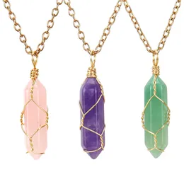 Cristal de pedra natural Agenda manual Fio de cobre AMethyst Rose quartzo hexagrama colar pendente para mulheres de joias