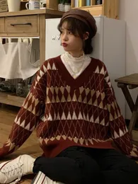 Kvinnors tröja Vintage Argyle Korean matchar alla chic v halsdamer tröjor student lat stil vinter kvinnor tröja 221206