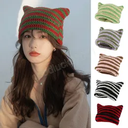 Women's Stylish Pointed Pullover Hat Cute Cat Ears Casual Warmer Bonnet Japanese Little Devil Striped Knitted Beanie Hat