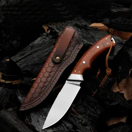 Outdoor Survival Straight Hunting Knife D2 Satin Drop Point Blade Full Tang Rosewood Handle Fixed Blade Knives with Leather Sheath H8222