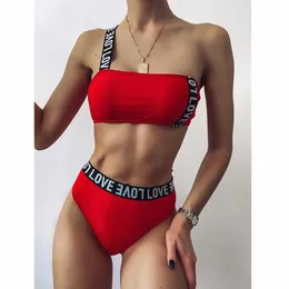 Bras sätter hög midja bikinis 2021 sexiga kvinnor baddräkt badkläder kvinnlig en axel bandeau brasiliansk bikini set bather strand t221206