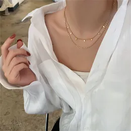 18K Altın Kaplama Çift Katmanlı Zincir Gerdanlık Kolye İki Strand Ceza Minimalist Kolye Moda Lüks Tasarım Mücevher Rhombus Sequin Altın Kolye Hediyeleri Kadınlar İçin