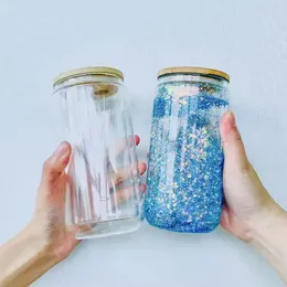 US-Aktien Sublimationsrohlinge Tassen 16 Unzen Glasdose Einzel- / Doppelwand Klare Saftwasserflasche mit Bambusdeckel DIY Milchbecher für Geschenk SS1207