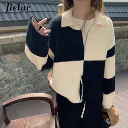 Women's Knits Tees Jielur Creative Double Zipper Women Sweaters Winter Fashion Spell Color Checkerboard Knitted Sweater Female Cardigan Jacket Warm 221206