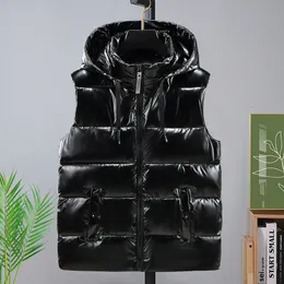 Men's Vests 3644 Surface Shiny Black Grey Vest Waistcoat Men With Hooded Casual Warm Thick Mens Vest Jacket Zipper Outerwear Autumn Winter 221206