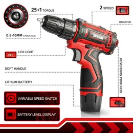 Wosai 12V Max Electric Screwdriver Cordless Drill Mini Wireless Power Driver DC Lithium-ion Batteri 3/8-tums 2-växlad