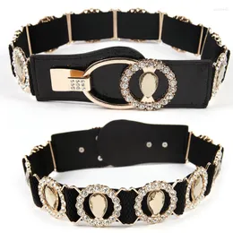 Belts Womens Wde Elastic Rhinestone Mirror Metal Waist Belt Metallic Bling Gold Wide Band Female Cintura Donna Dress