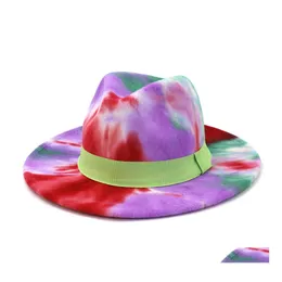 Breite Krempe Hüte Eimer Hüte Großhandel Neueste Mode Design Tie Dye Print Colorf Regenbogen Filz Fedora Hut Für Frauen Breite Krempe Panama Dh3Tv