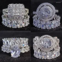 Eheringe Luxus Silber Farbe Oval Princess Cut Ring Set für Frauen Handgefertigte Zirkonia Band Ewigkeit Schmuck Tropfen