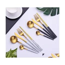 Dinnerware Sets Scatter Point Dinnerware Set Titanium Gold Dinner Service Suits Knife Fork Spoon Stainless Steel Tableware Kit Arriv Dh5Y4